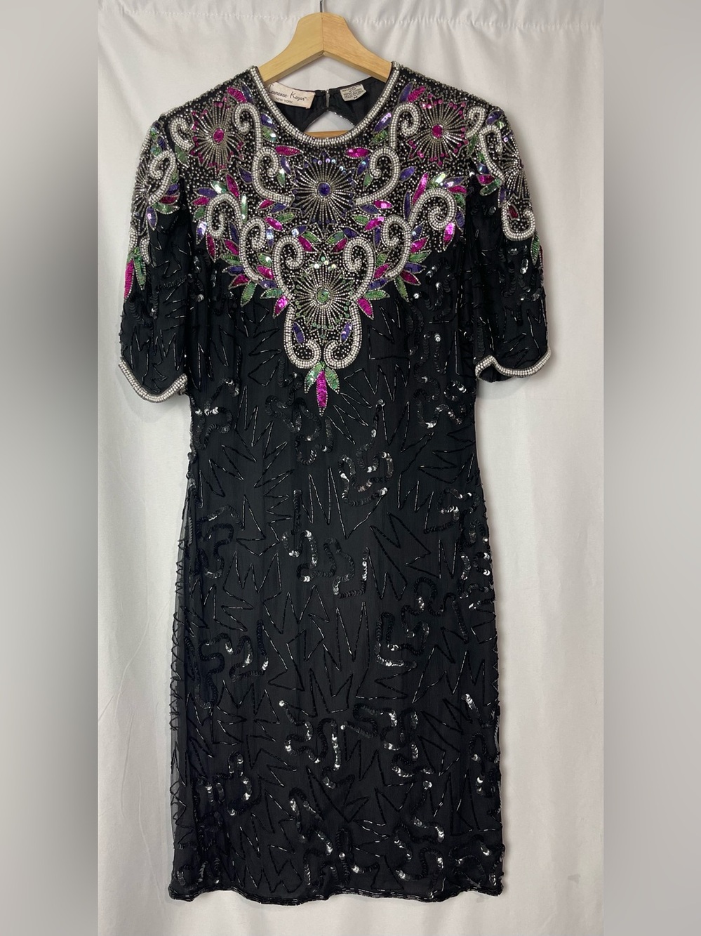 Vintage Black Beaded Sequined Short Sleeve Dress